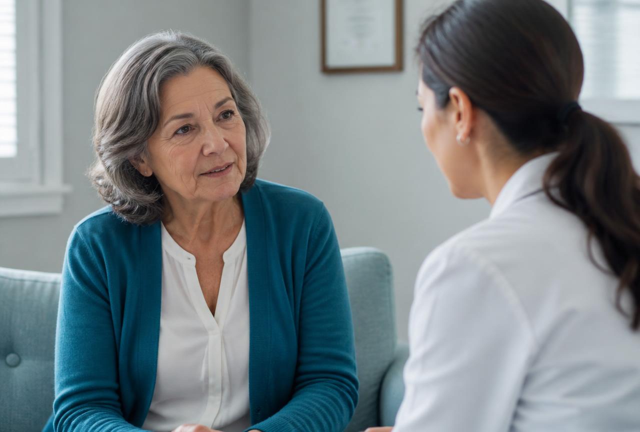 A woman in her late sixties speaking with a clinician in a bright consulting room