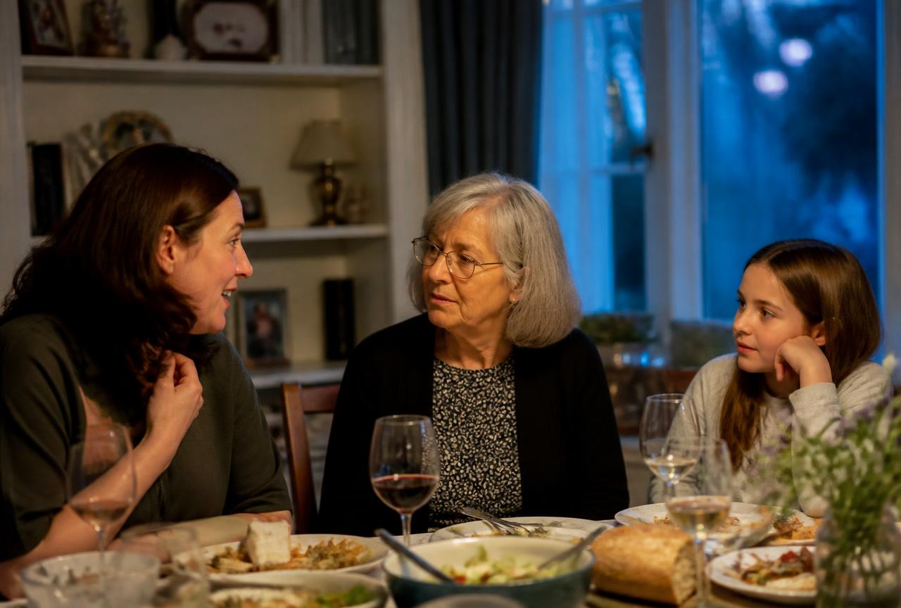Three generations of a family talking around a dinner table at home
