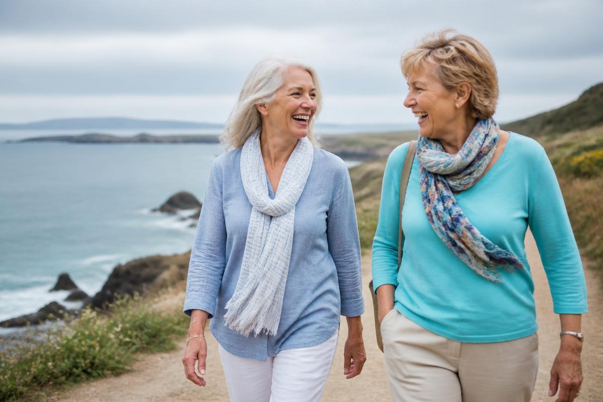 Two women in their sixties walking together on a coastal path