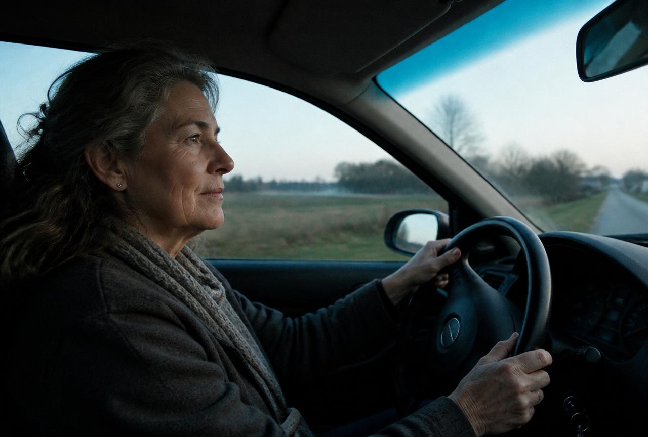 A woman in her late fifties driving on a quiet country road at dawn
